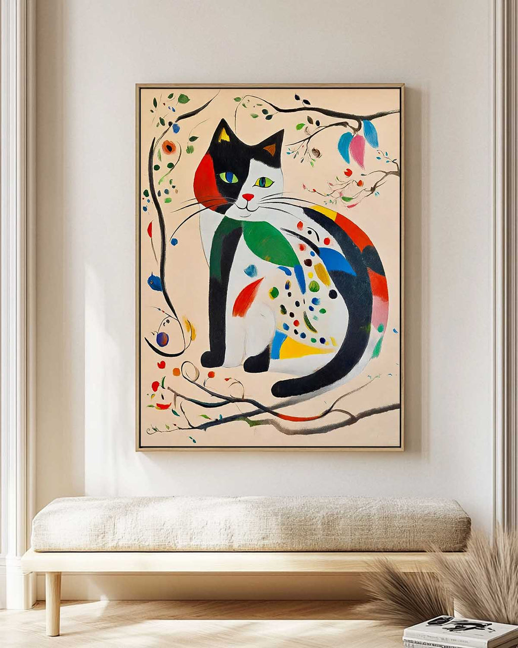 Surrealist Cat Painting Vibrant Patchwork