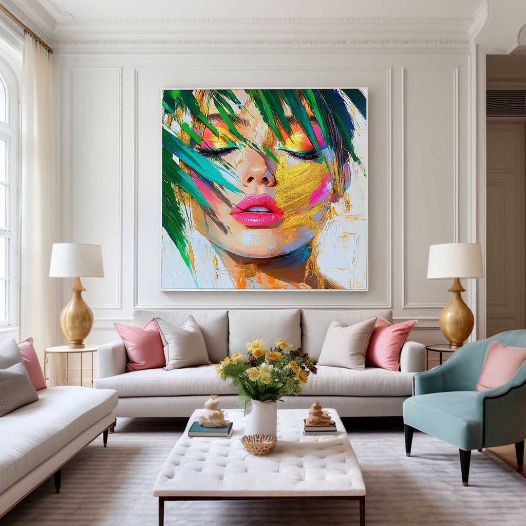 Serene Tropical Woman Portrait Gold Leaf Oil Painting