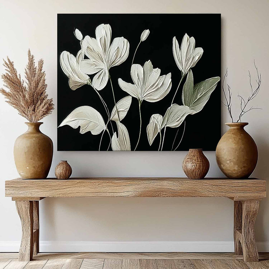Contrast Floral Impasto Oil Painting White On Black