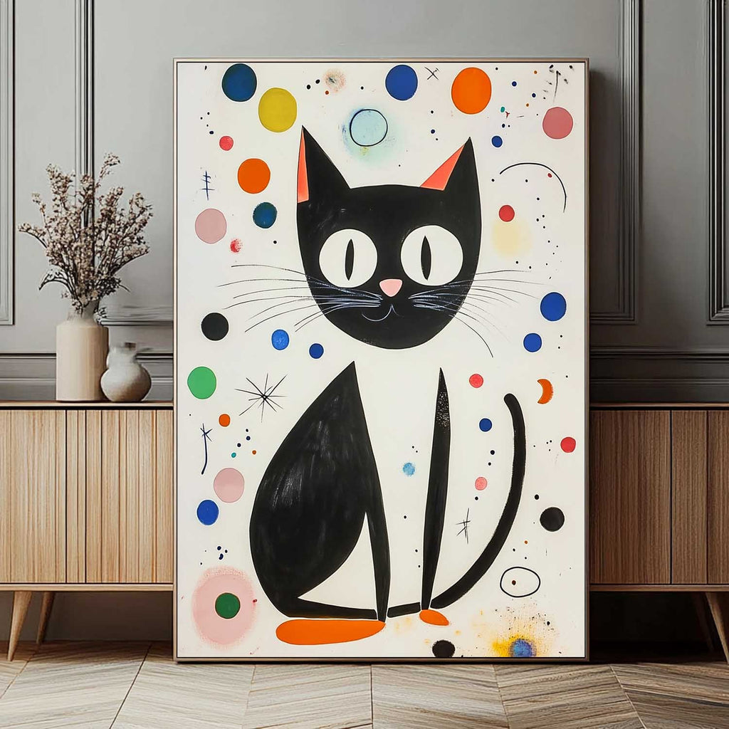 Mid-Century Modern Cat Painting Playful Polka Dot