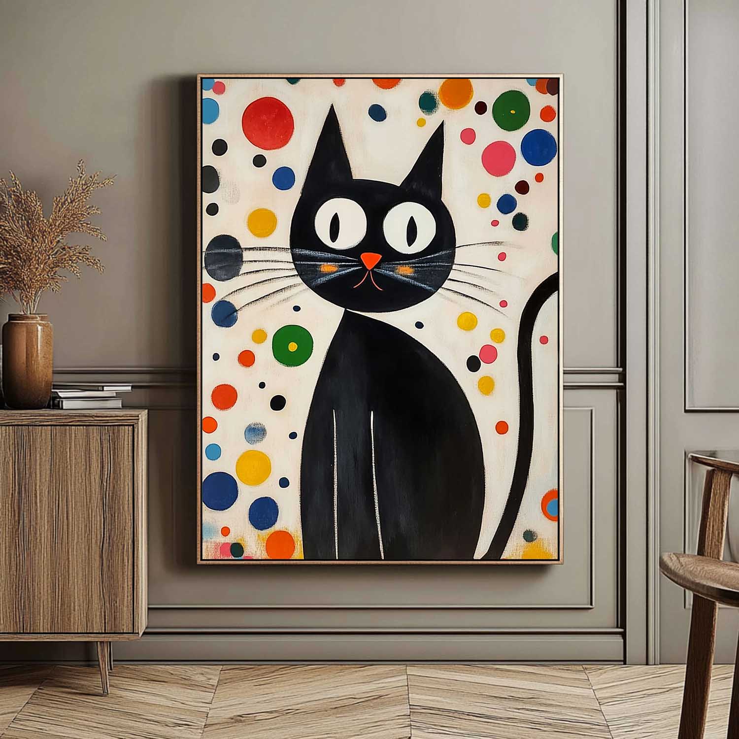 Mid-Century Modern Cat Painting Playful Polka Dot