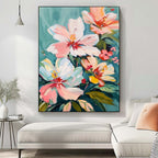 Pastel Floral Bouquet Oil Painting Teal Background