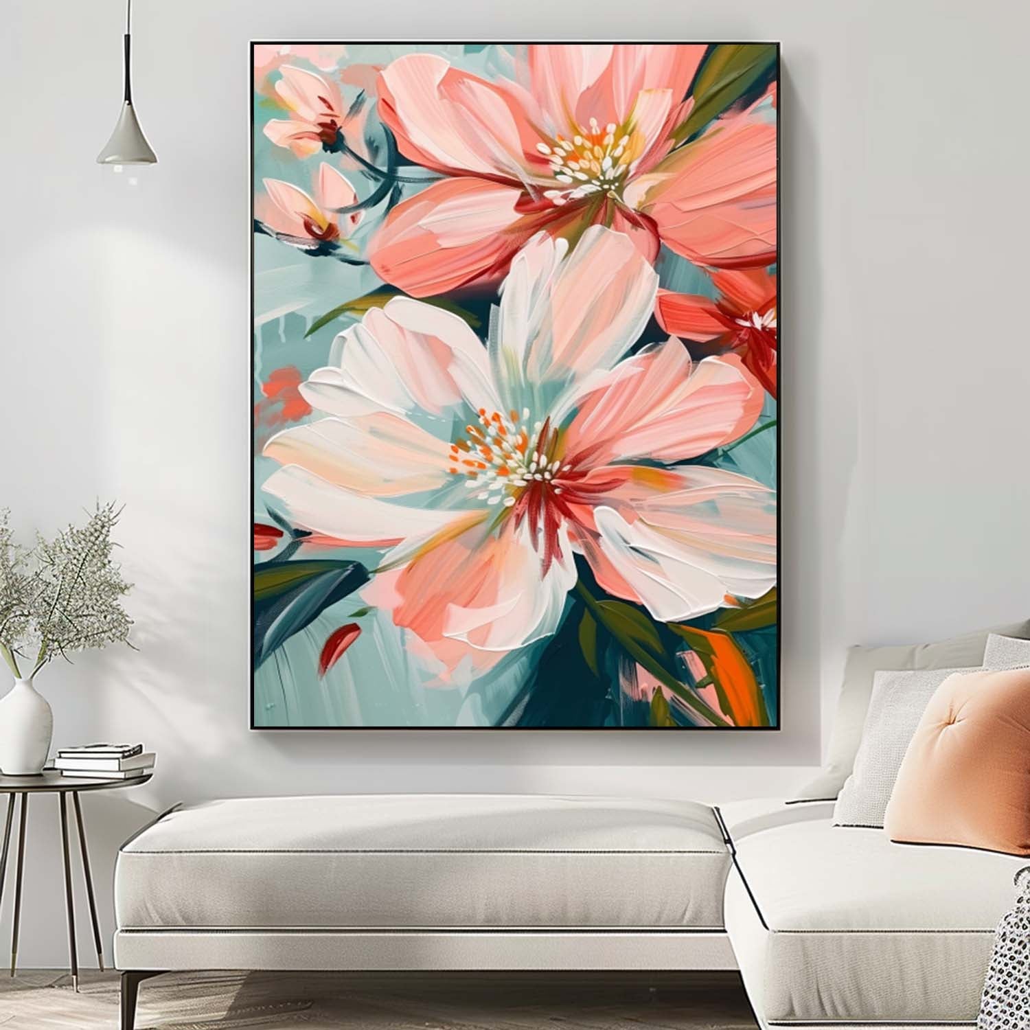 Blush Pink Floral Close Up Oil Painting Soft Teal