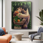 Romantic Couple Embrace Fruits Foliage Oil Painting