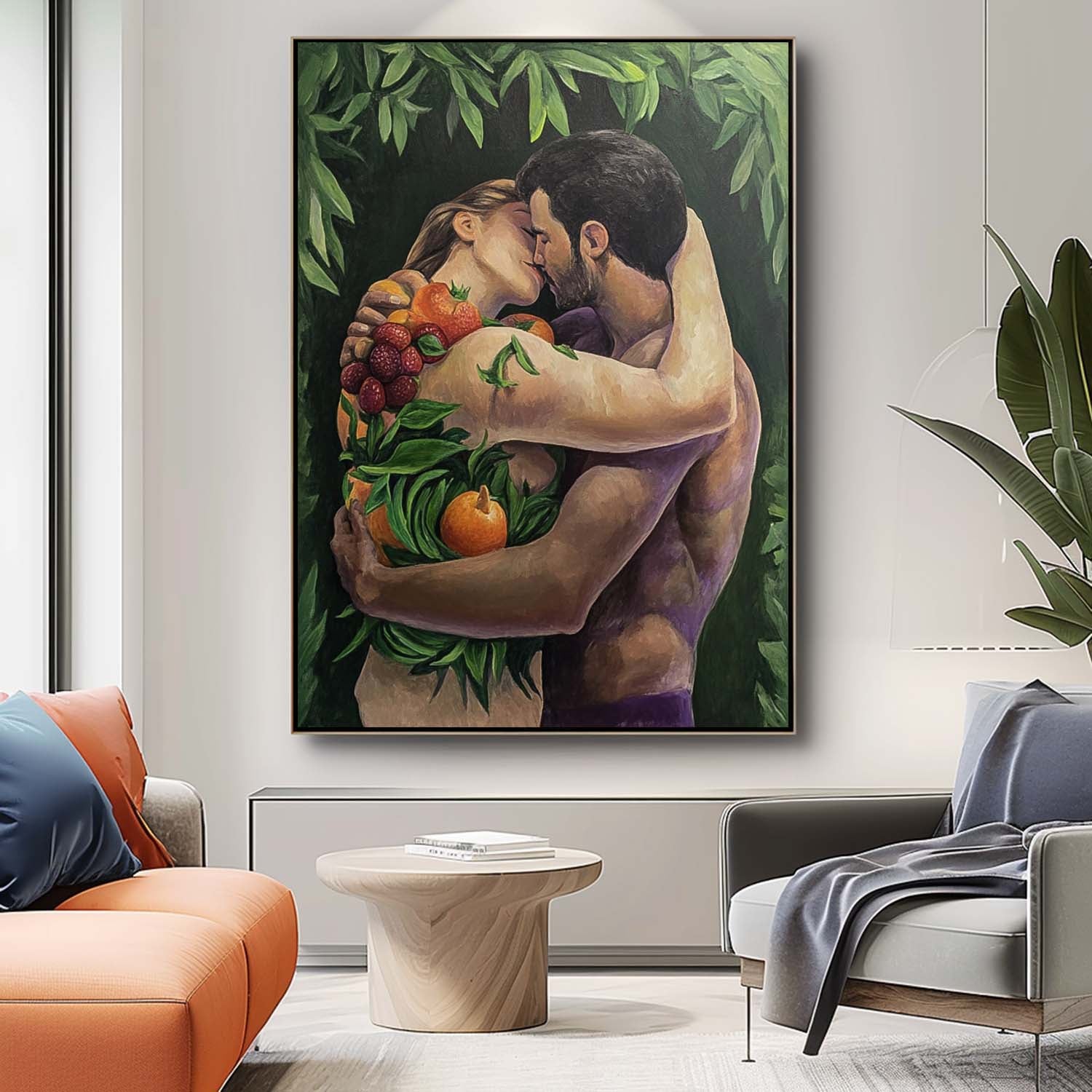 Romantic Couple Embrace Fruits Foliage Oil Painting
