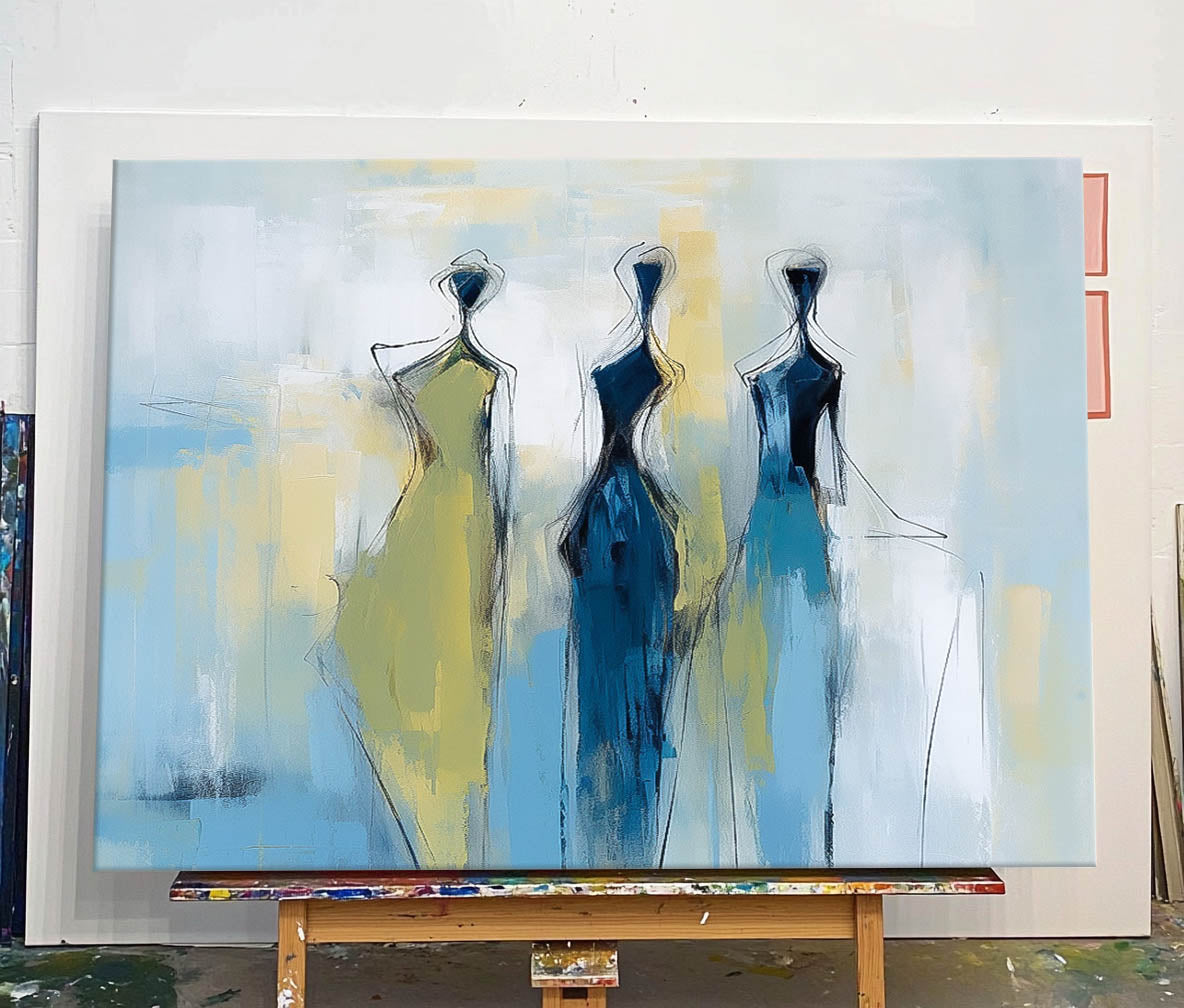 Three Stylized Figures In Blue And Yellow Gowns