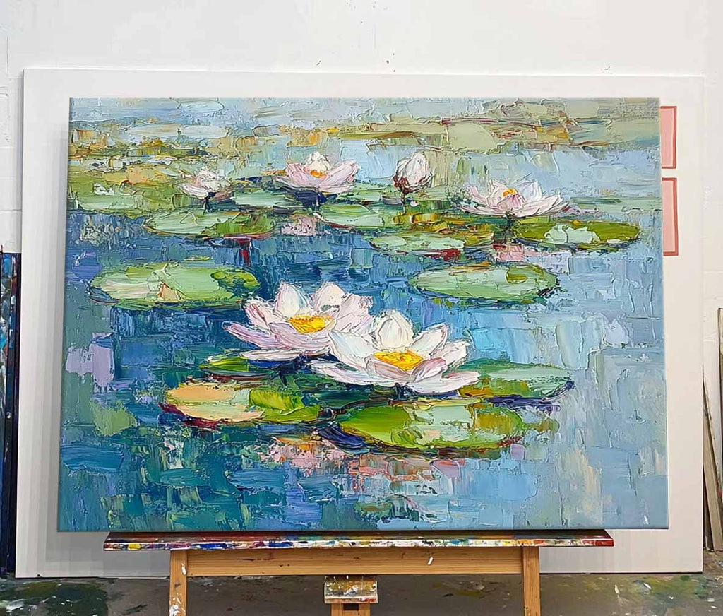 Impasto Water Lily Painting Serene Blue & Green