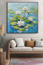 Impasto Water Lily Painting Serene Blue & Green