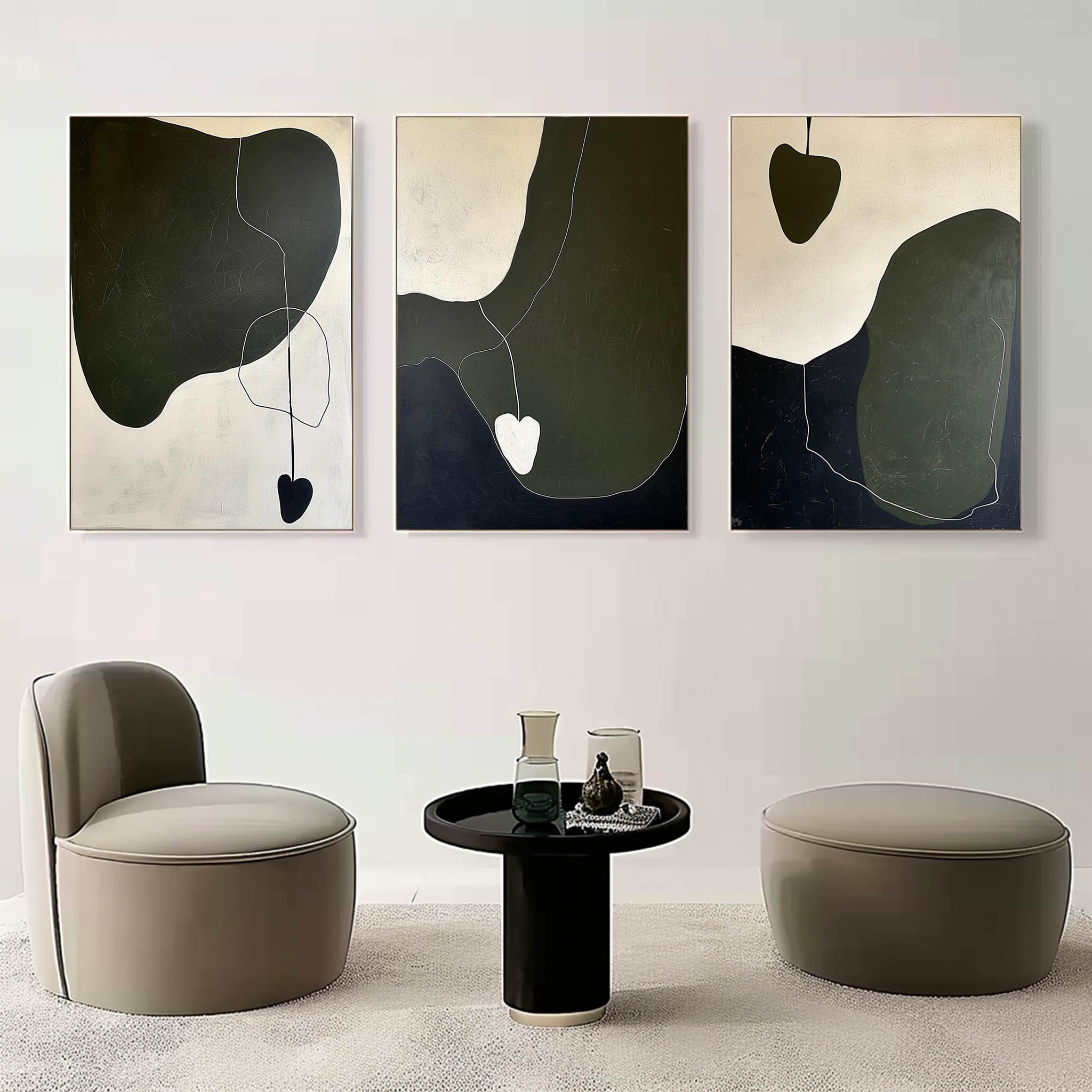Tactile Three-Piece Oil Painting Dark Green Heart