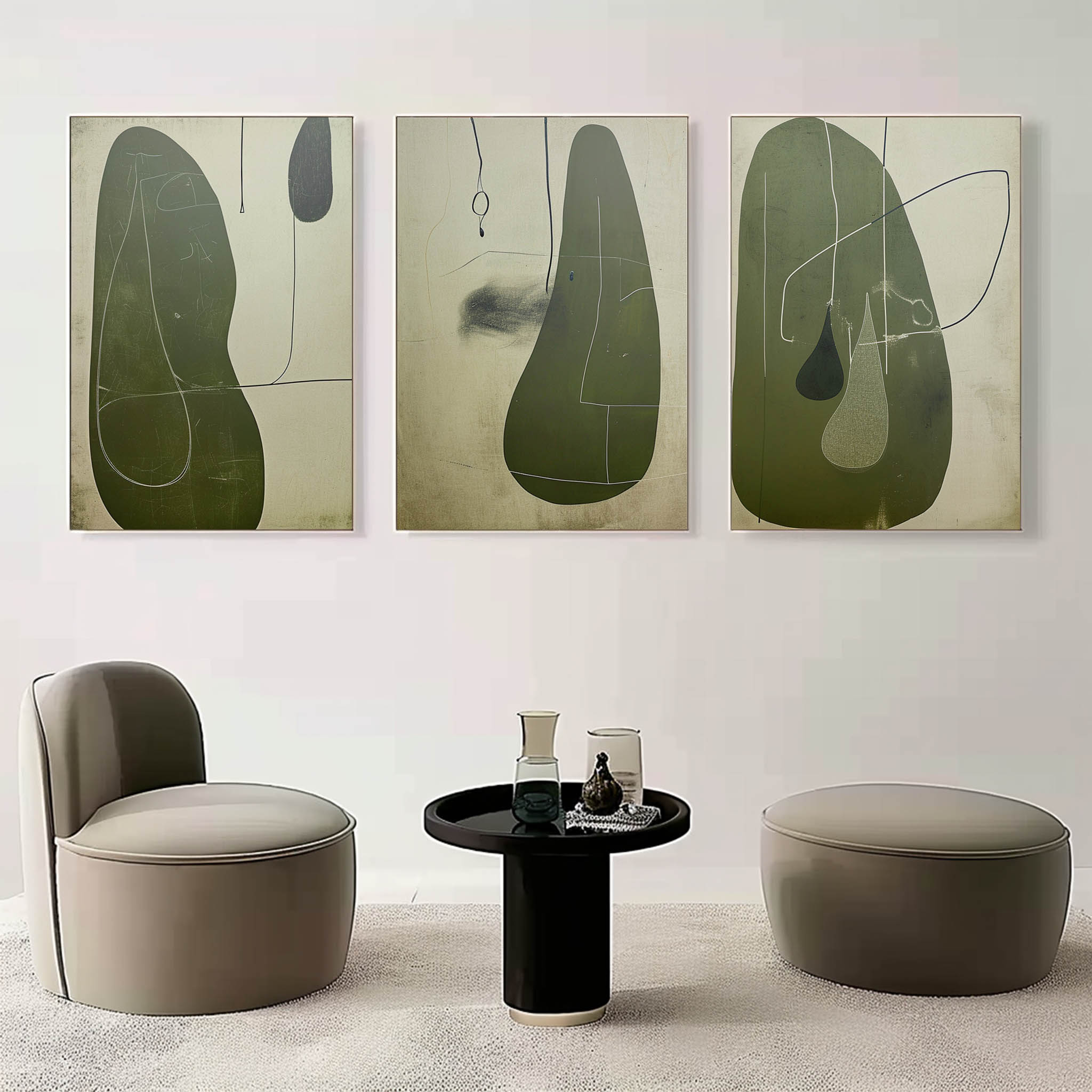 Tactile Three-Piece Oil Painting Olive Green Minimalist
