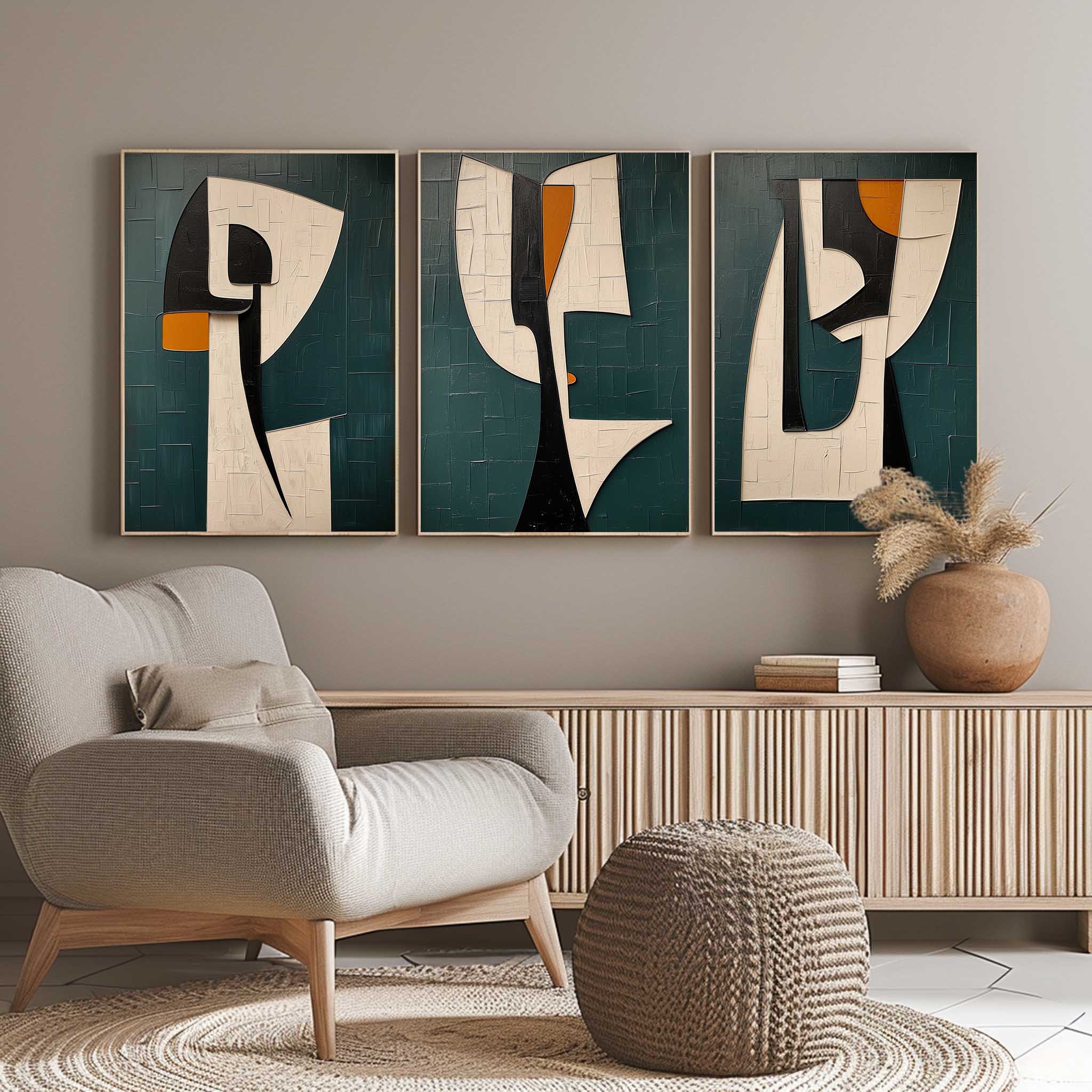Modern Geometric Triptych Wall Art Textured 3-Piece