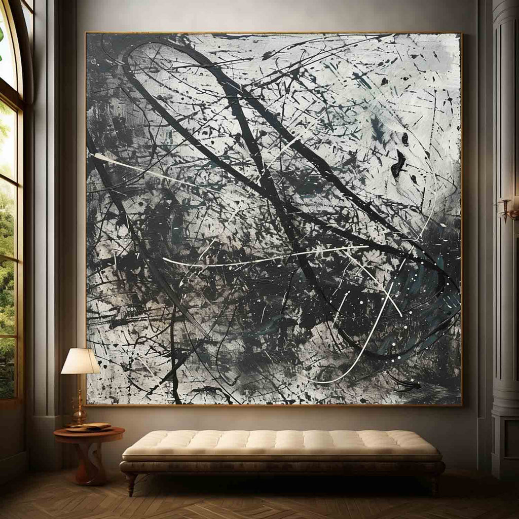 Expressionist Textured Splatter Oil Painting Black White Dynamic
