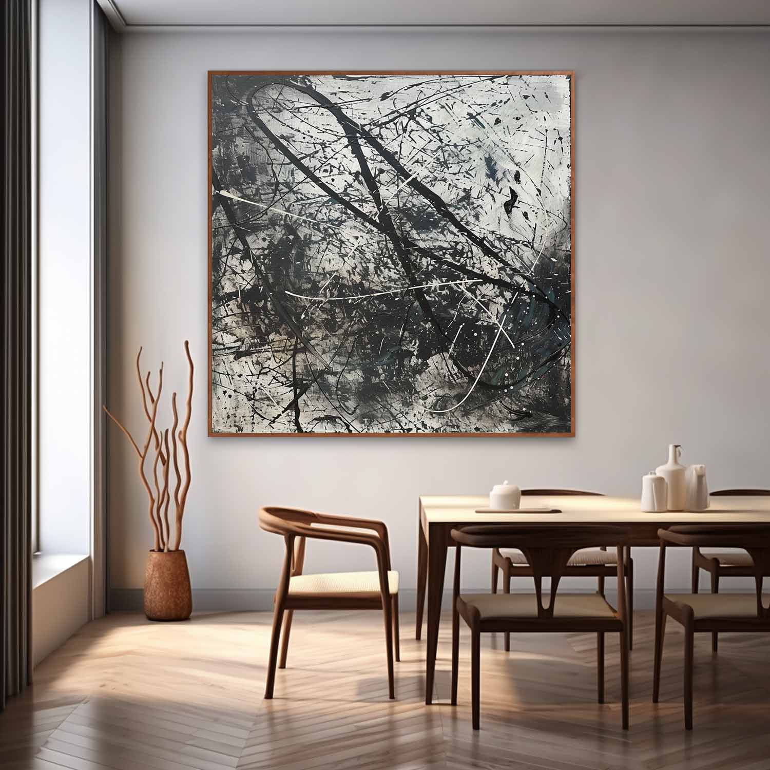 Expressionist Textured Splatter Oil Painting Black White Dynamic