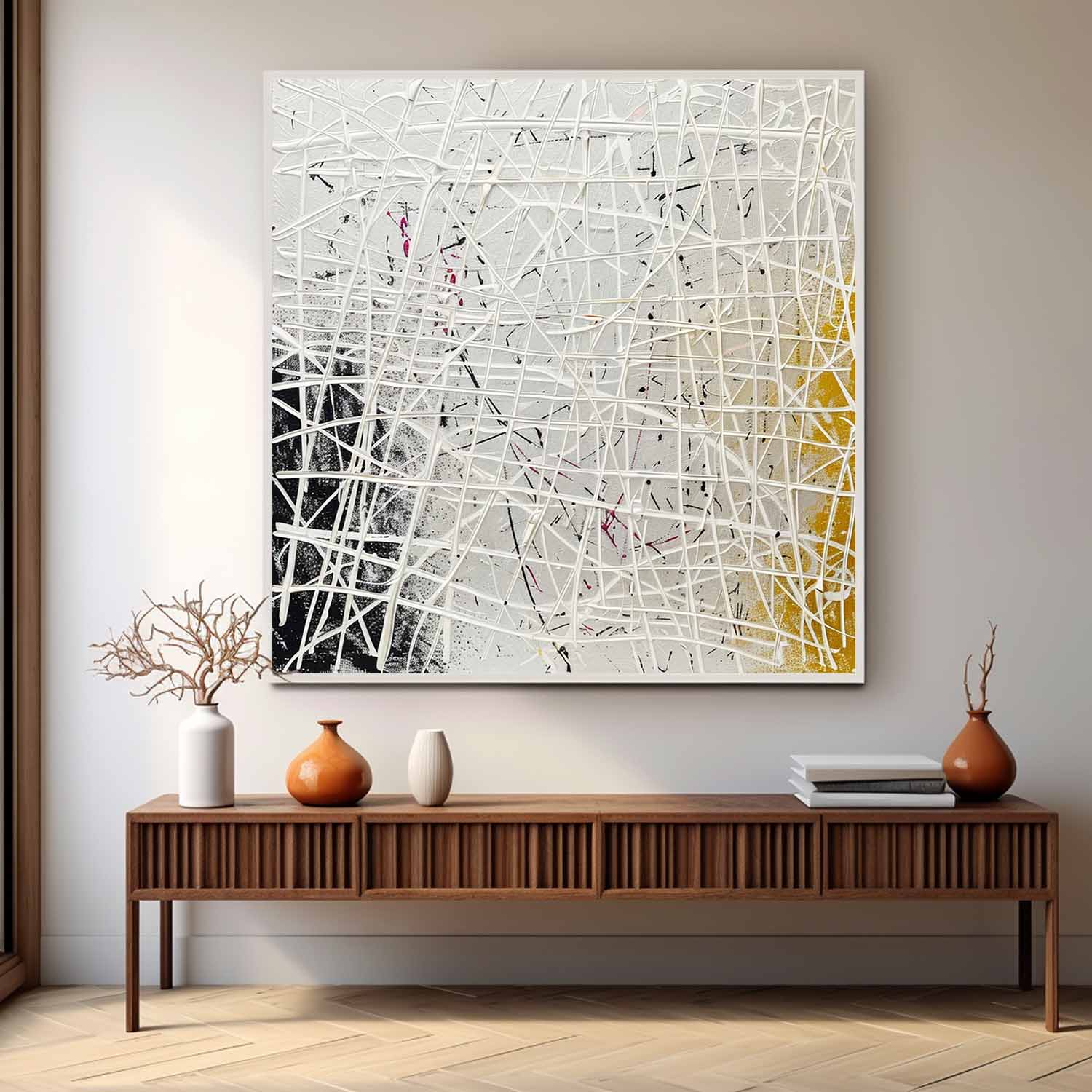 Tactile Neutral Oil Painting White Web-Lines Gold & Pink
