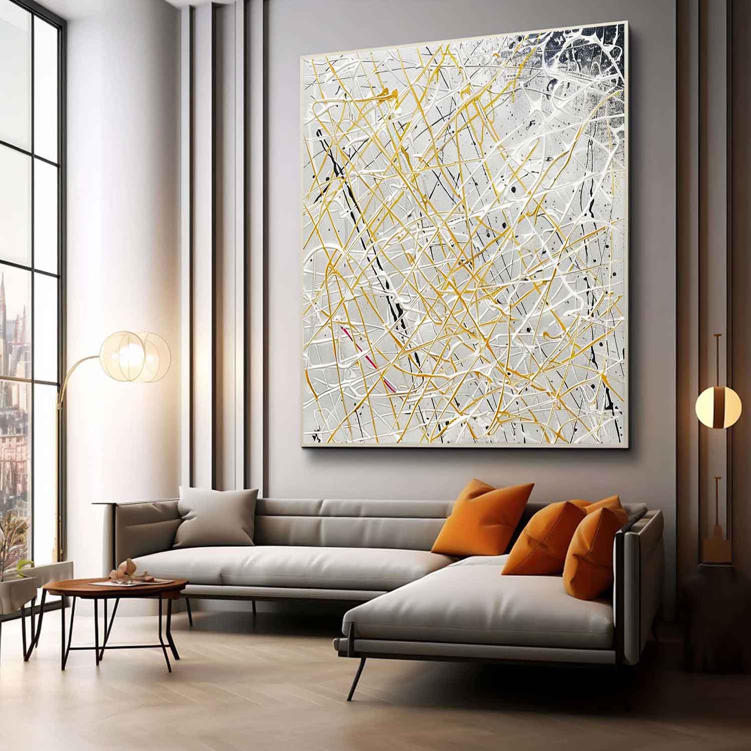 Gold Line Oil Painting Neutral Background Luxe
