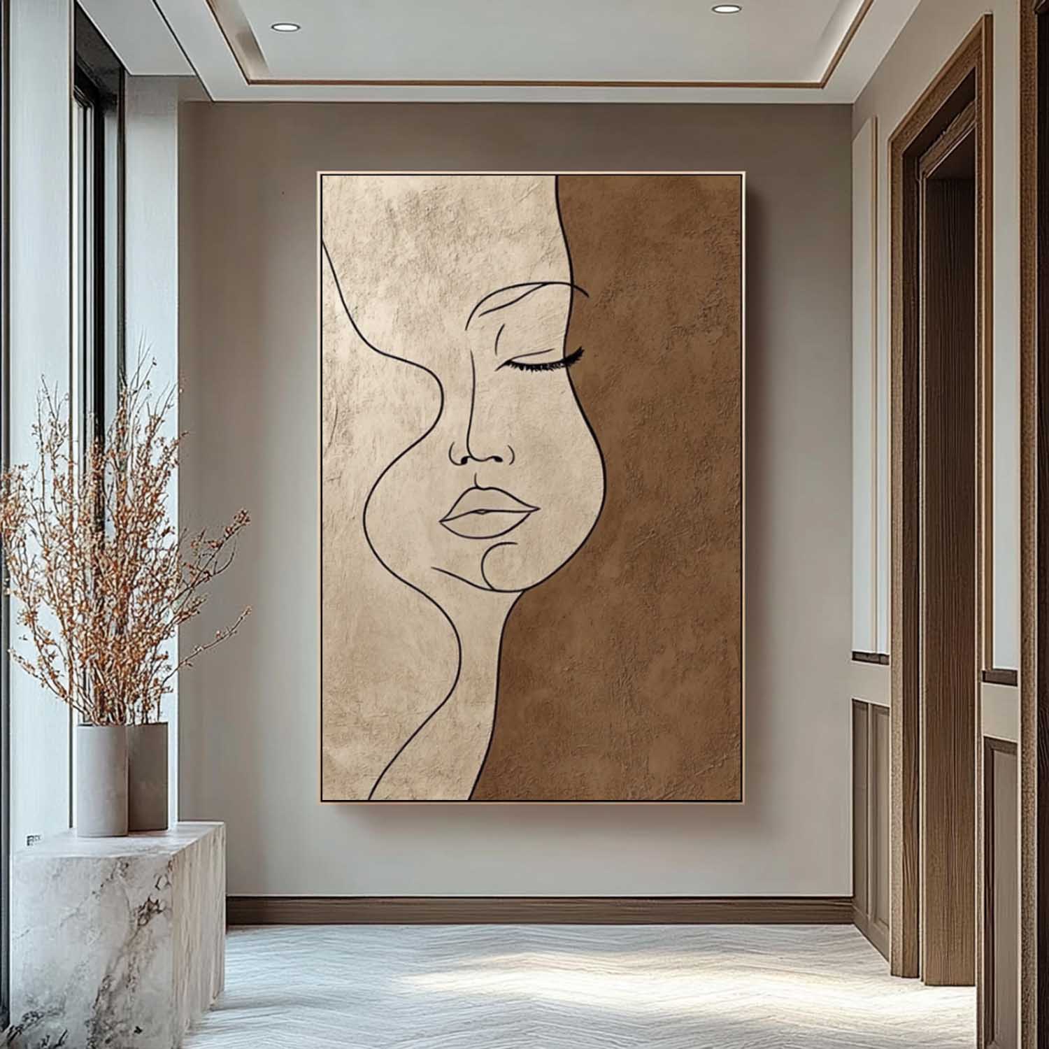 Minimalist One-Line Woman Face Wall Art Neutral