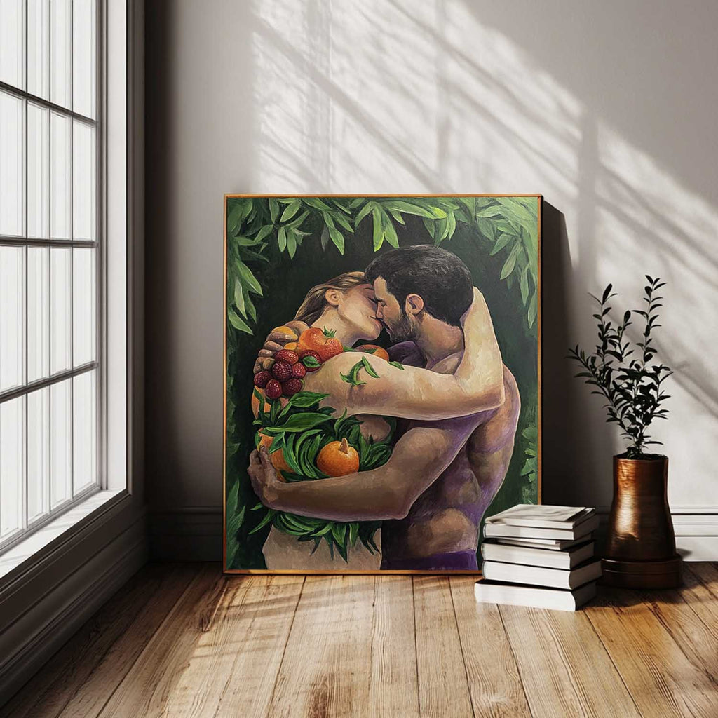 Romantic Couple Embrace Fruits Foliage Oil Painting