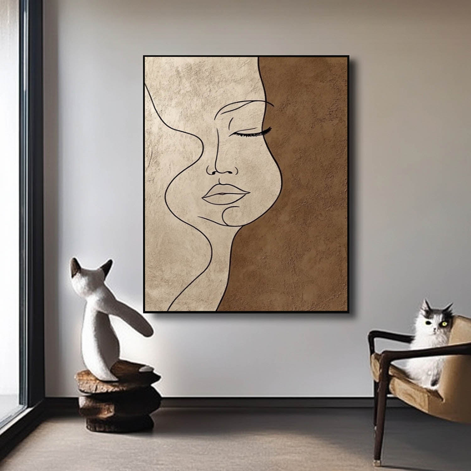 Minimalist One-Line Woman Face Wall Art Neutral