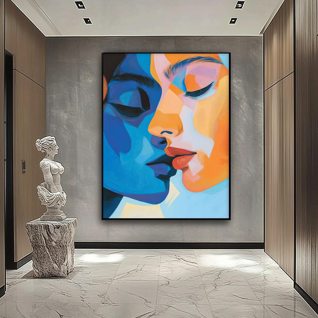 Cubist Color-Blocked Kiss Painting