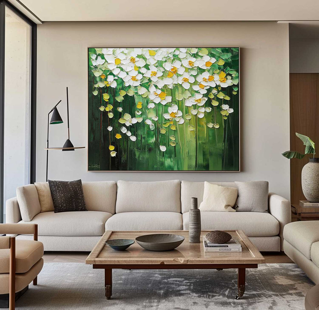 Lush Floral Canopy Oil Painting White Flowers Green