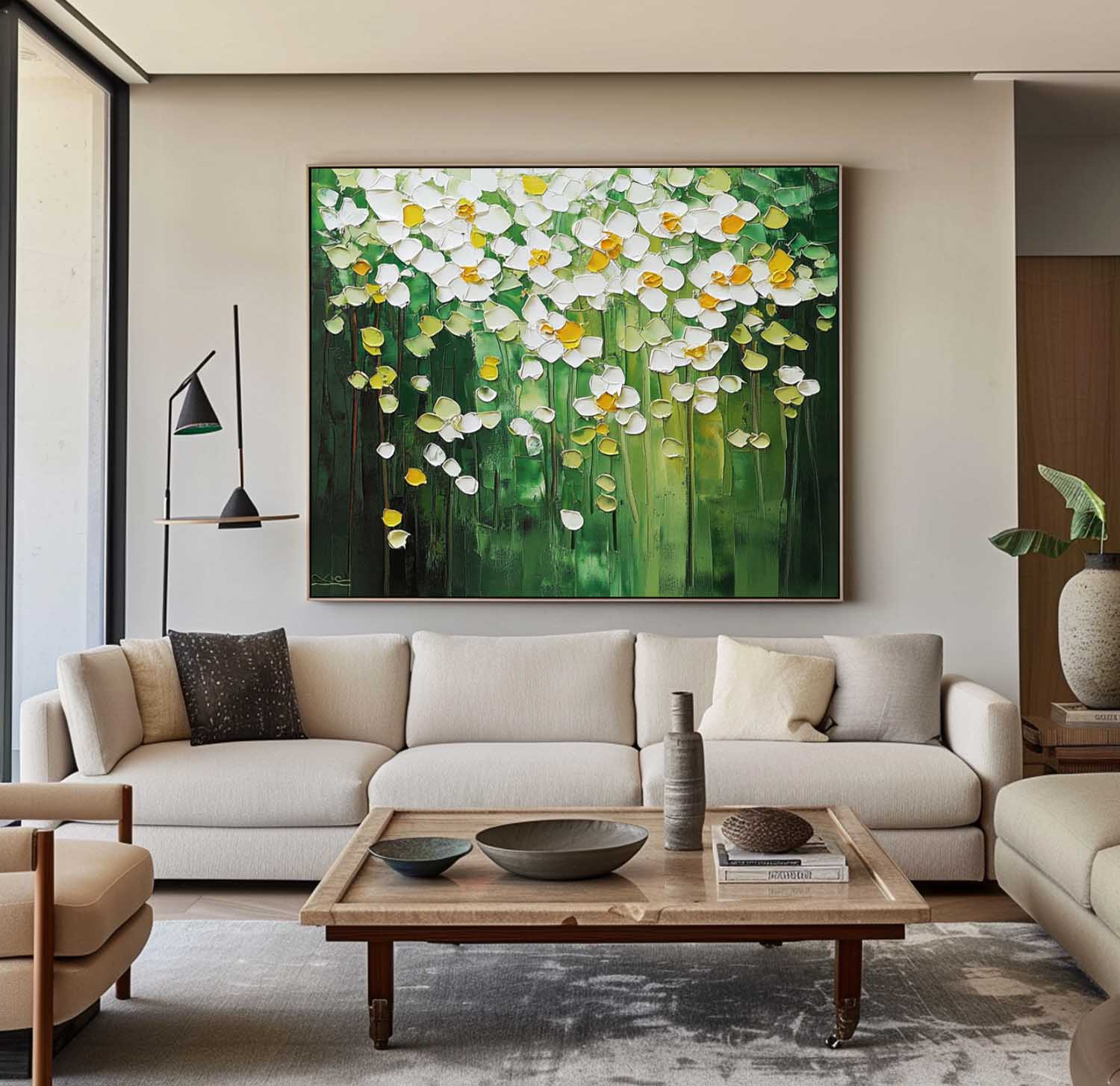 Lush Floral Canopy Oil Painting White Flowers Green