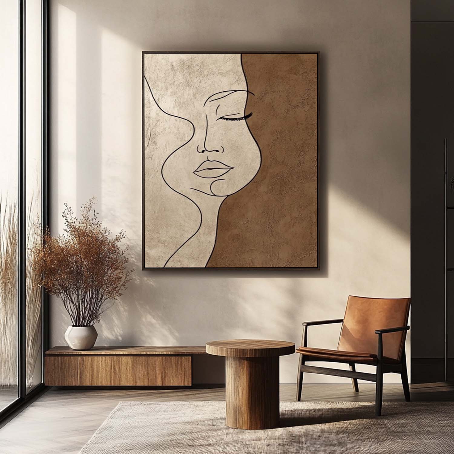Minimalist One-Line Woman Face Wall Art Neutral
