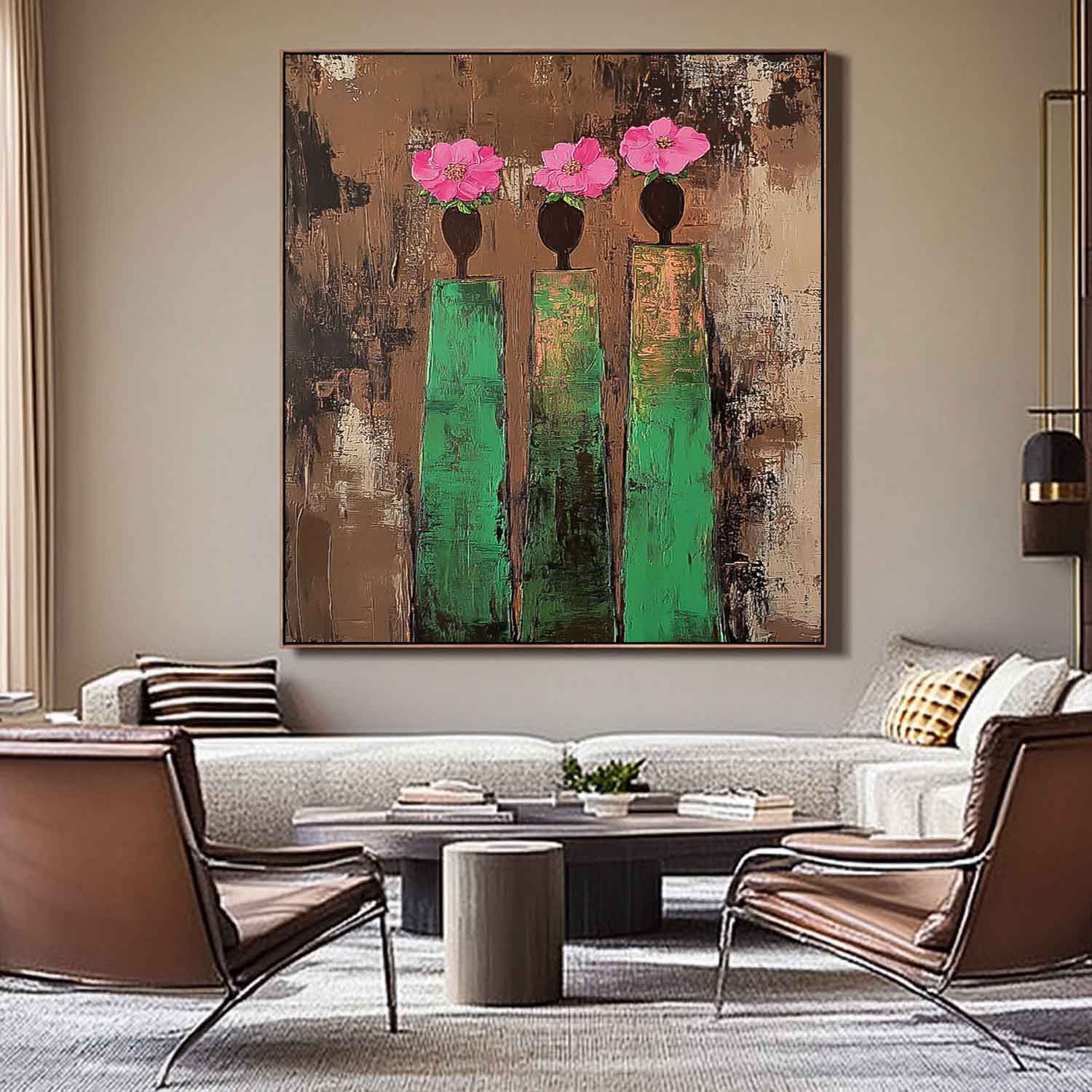 Textured Floral Green Pink Modern Wall Art