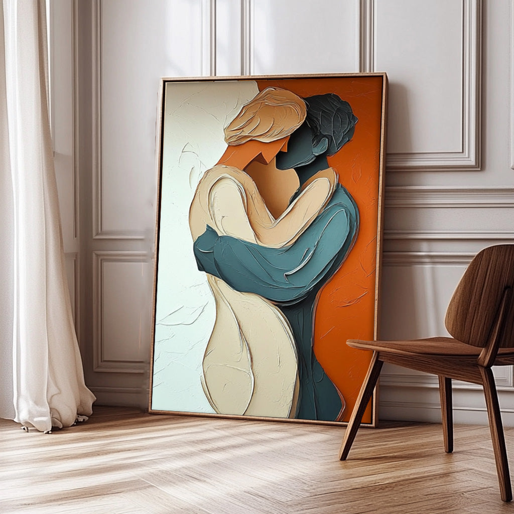 Romantic Couple Embrace Textured Oil Painting
