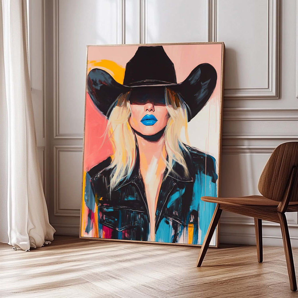 Blue Lip Cowgirl Pop Art Portrait Bold Colorful