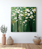 Textured Floral Tree Oil Painting White Flowers Green