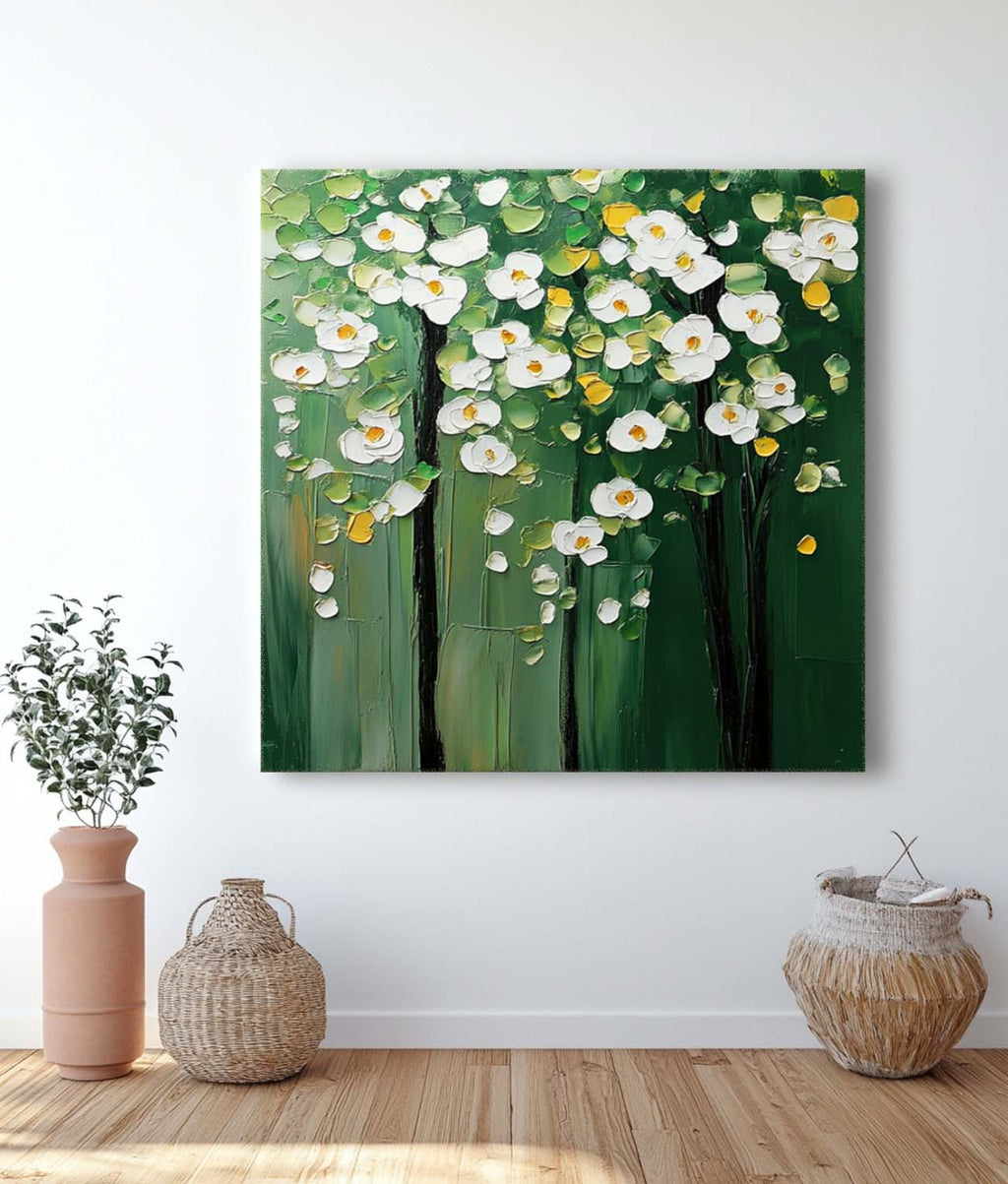 Textured Floral Tree Oil Painting White Flowers Green