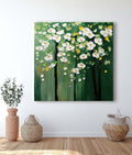 Textured Floral Tree Oil Painting White Flowers Green