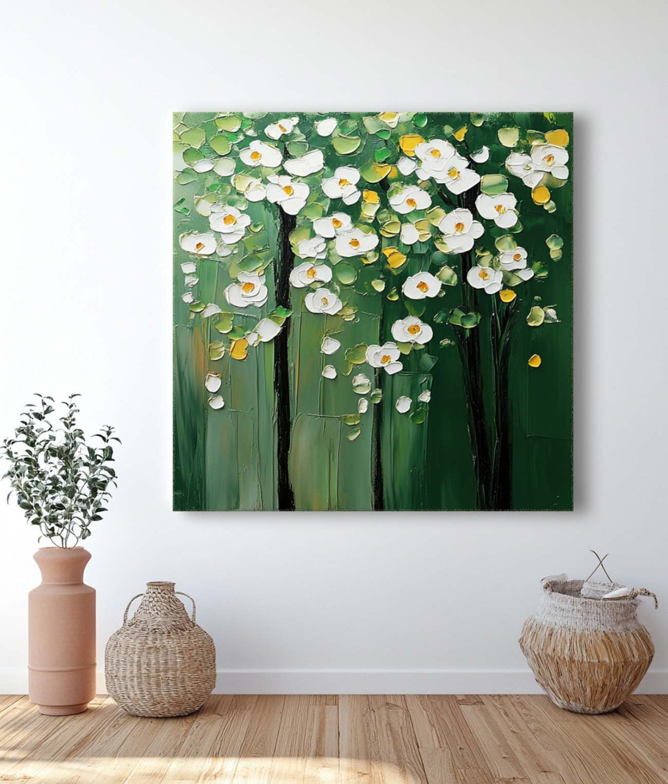 Textured Floral Tree Oil Painting White Flowers Green