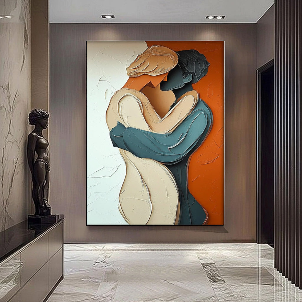 Romantic Couple Embrace Textured Oil Painting