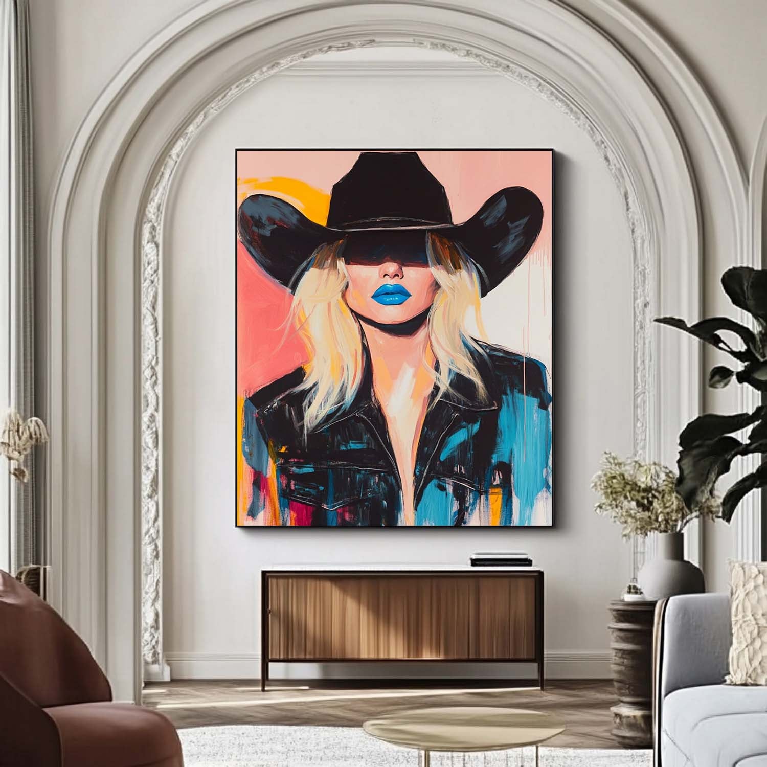Blue Lip Cowgirl Pop Art Portrait Bold Colorful
