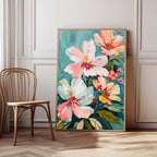 Pastel Floral Bouquet Oil Painting Teal Background