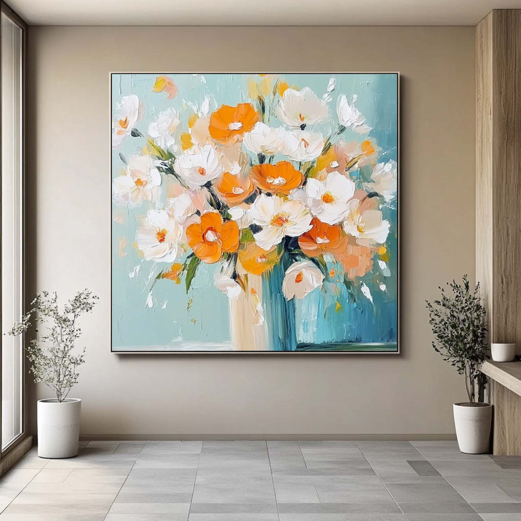 Bright Orange White Floral Bouquet Oil Painting