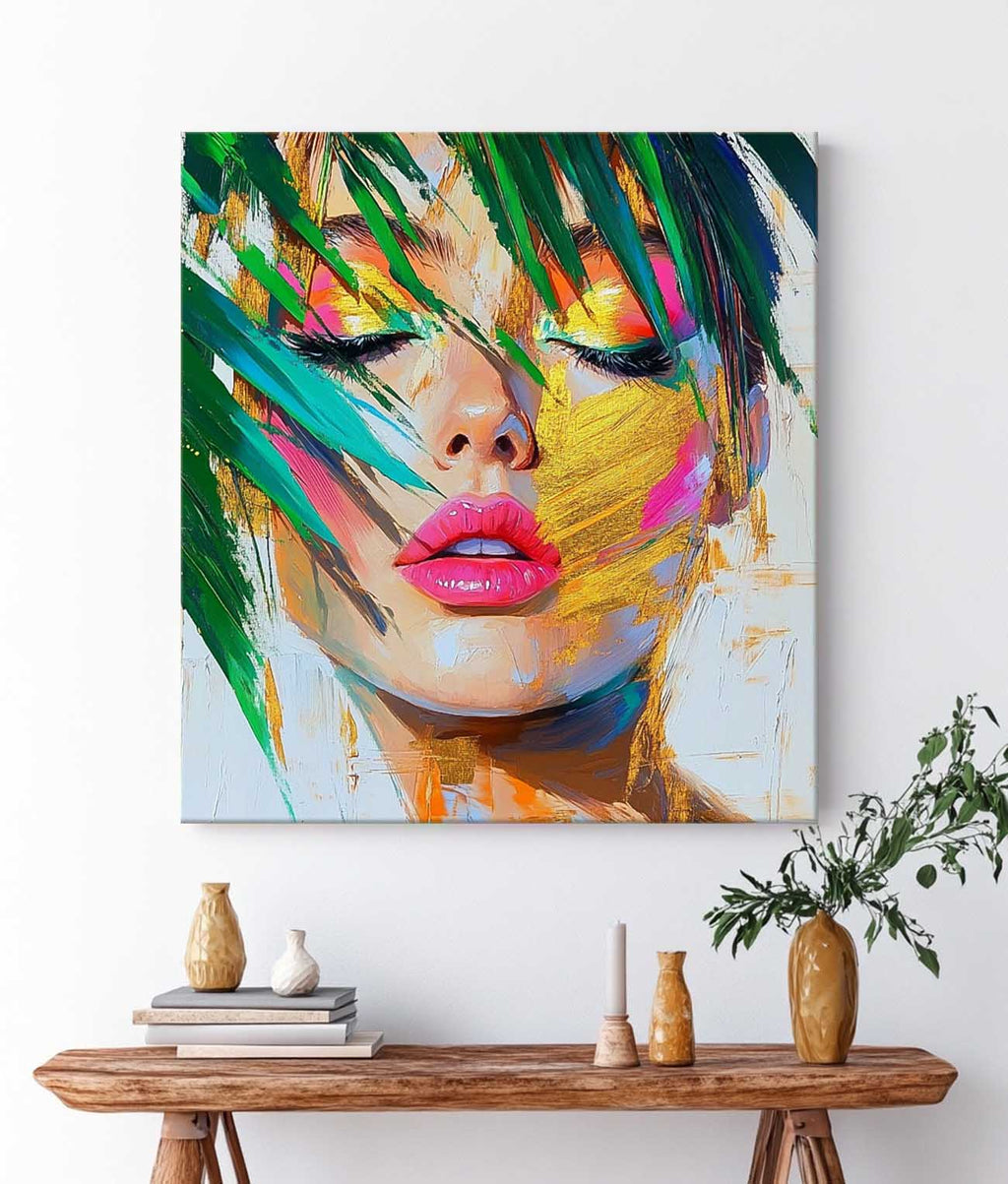 Serene Tropical Woman Portrait Gold Leaf Oil Painting