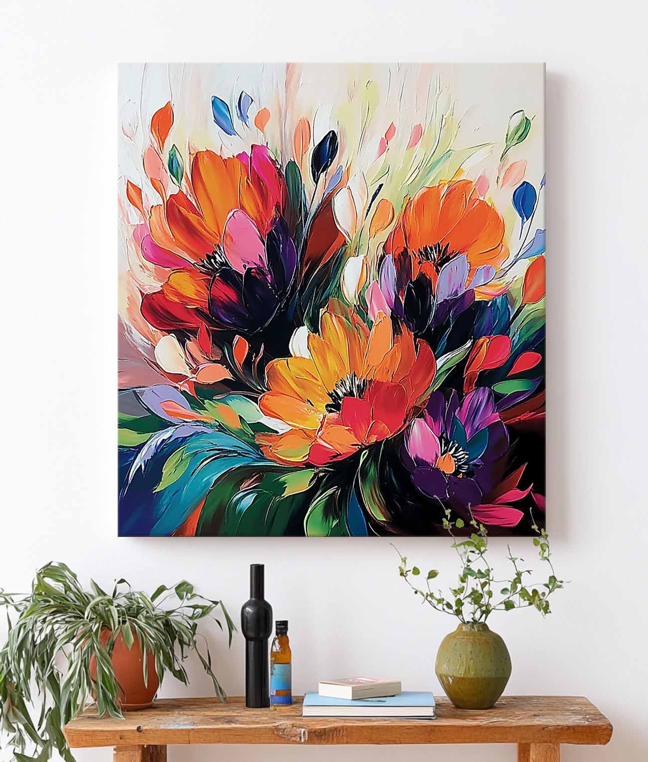 Floral Bouquet Oil Painting Fiery Orange And Purple