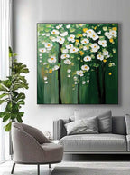Textured Floral Tree Oil Painting White Flowers Green