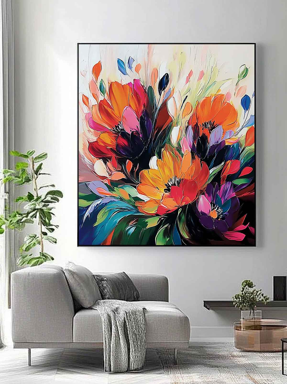 Floral Bouquet Oil Painting Fiery Orange And Purple