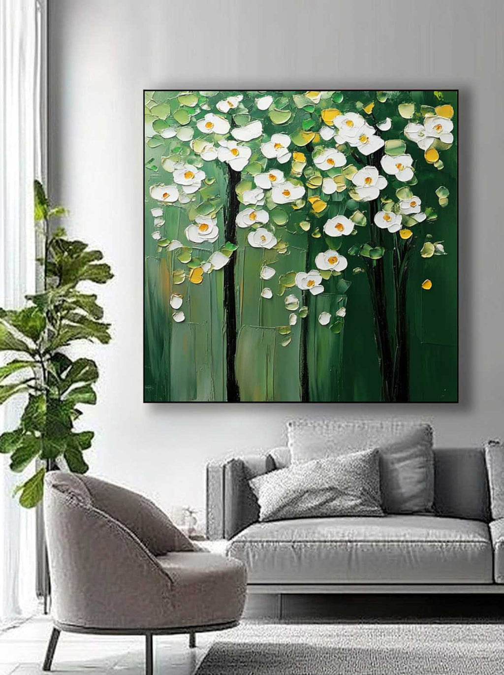 Textured Floral Tree Oil Painting White Flowers Green