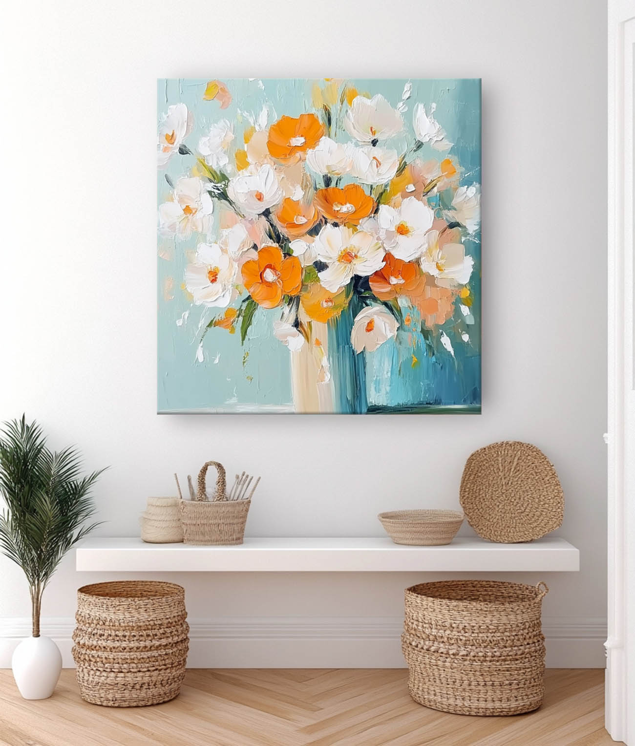Bright Orange White Floral Bouquet Oil Painting
