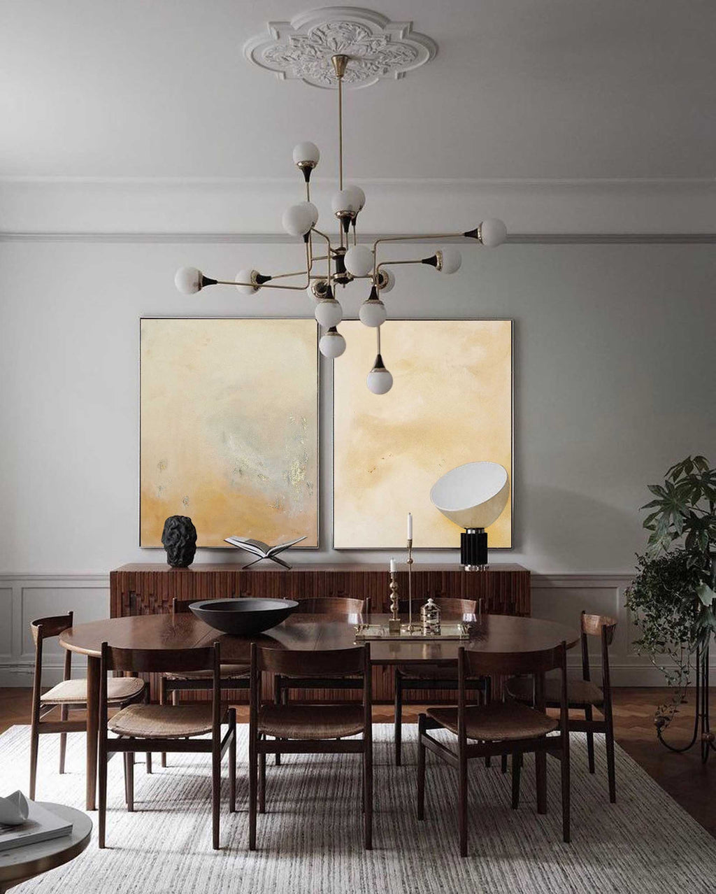 Minimalist Diptych Wall Art Warm Neutrals Gold Leaf