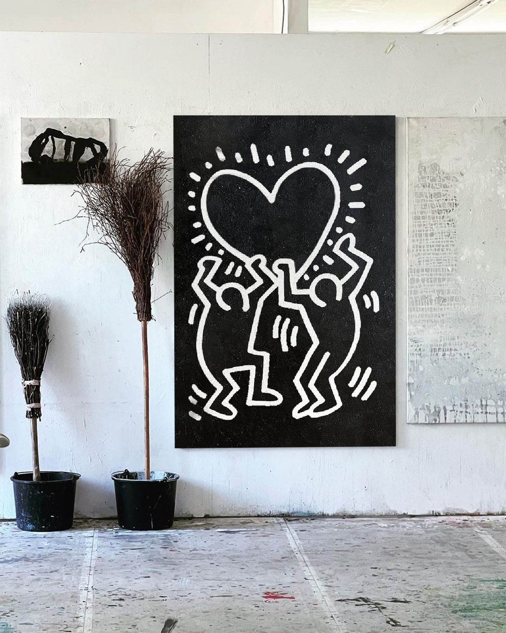Keith Haring Style Black White Heart Figures Art