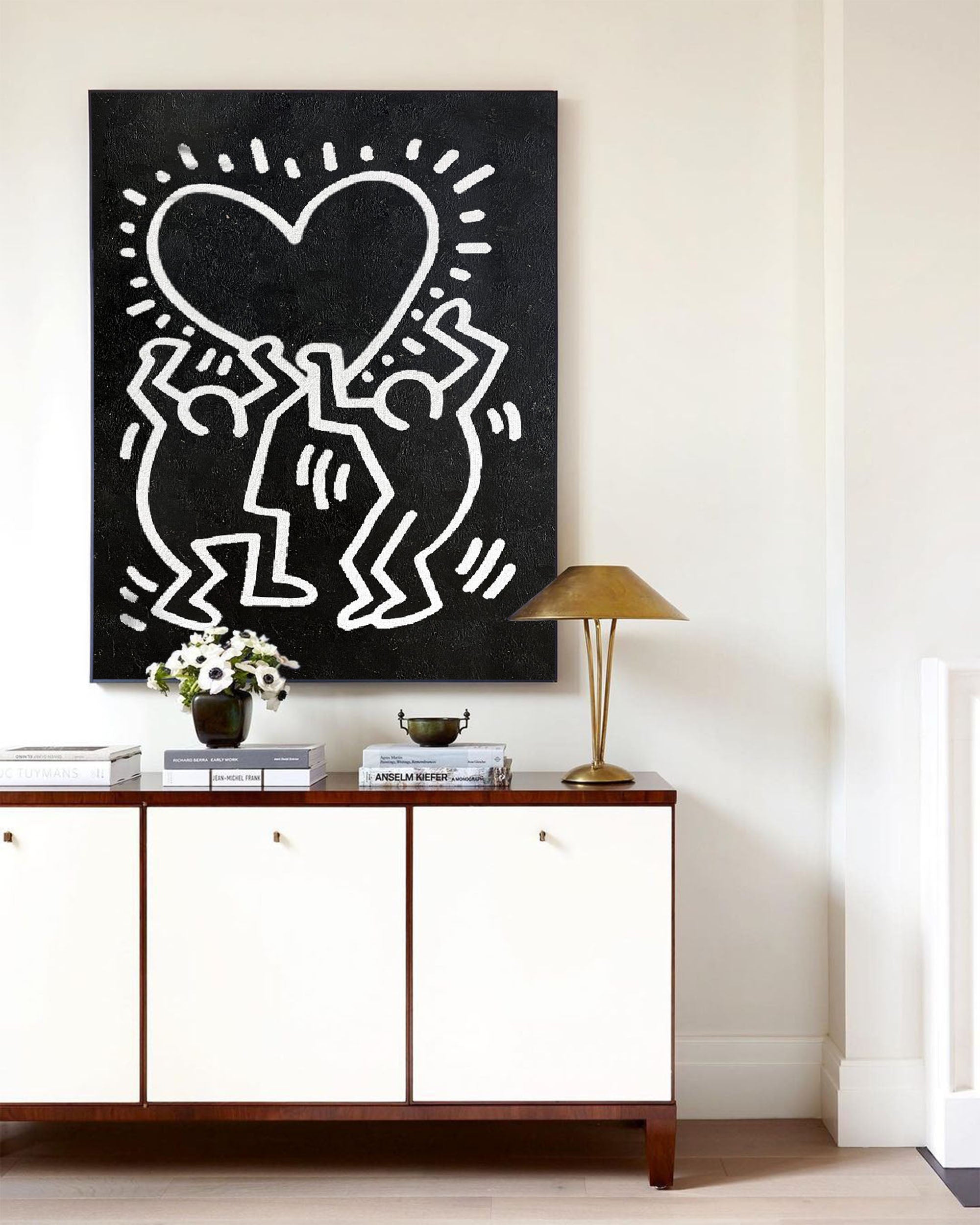 Keith Haring Style Black White Heart Figures Art