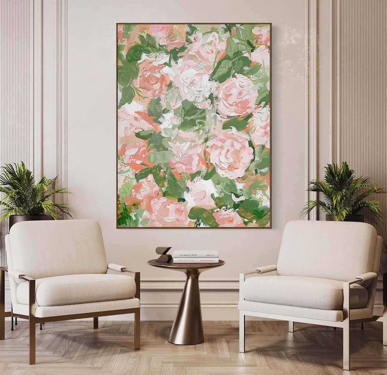 Textured Pink Floral Oil Painting Peony Blooms
