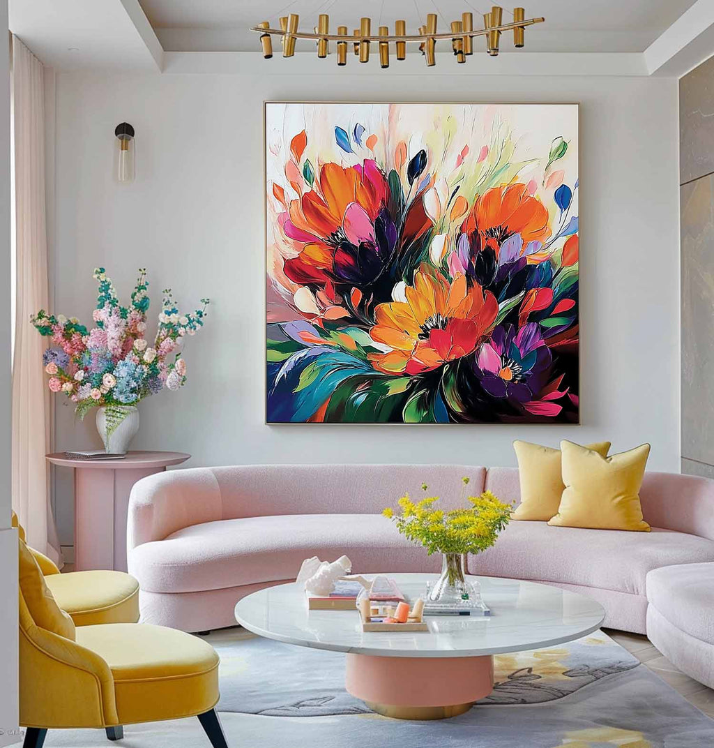 Floral Bouquet Oil Painting Fiery Orange And Purple
