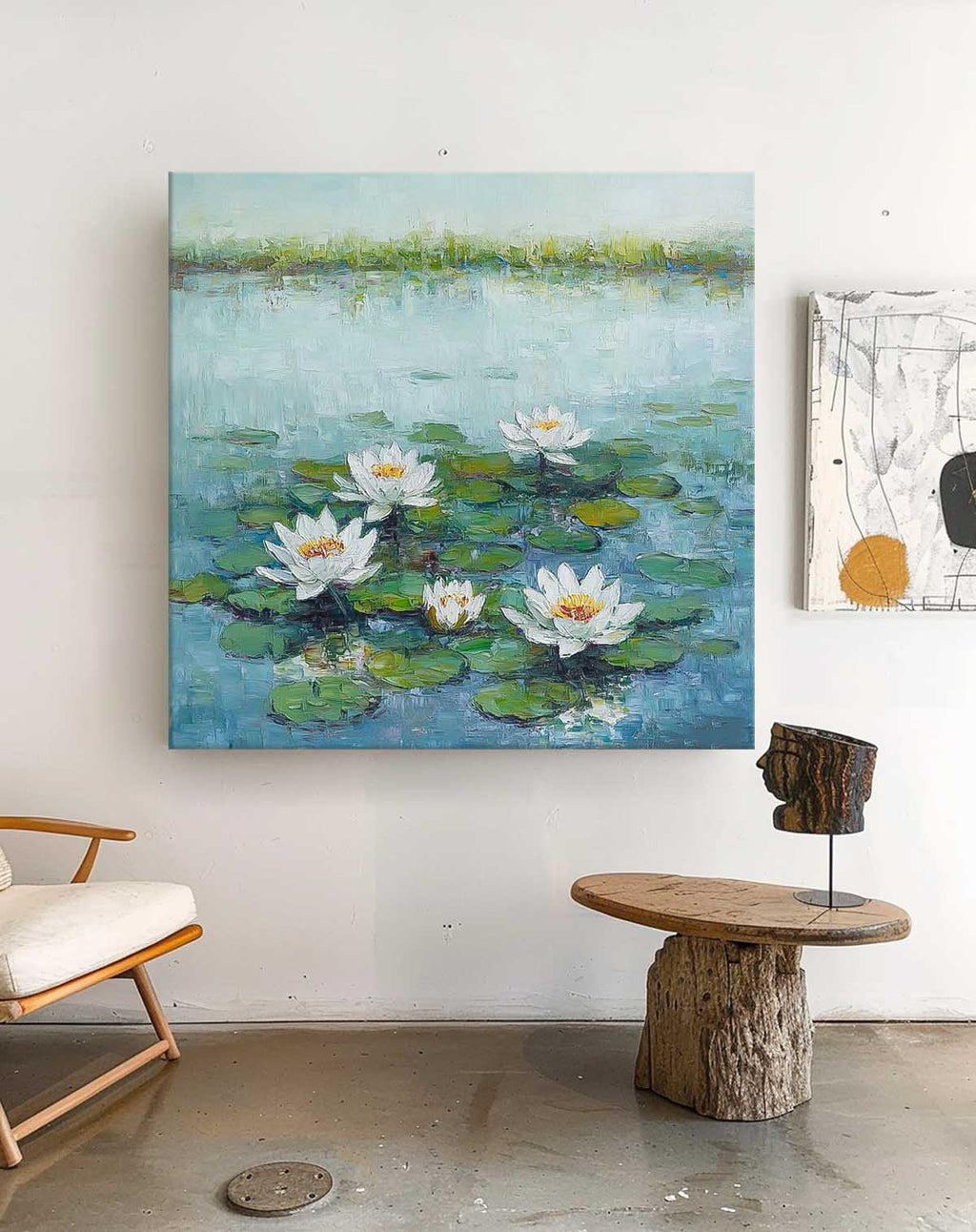 Impasto Water Lily Painting Serene Blue Green Wall Art