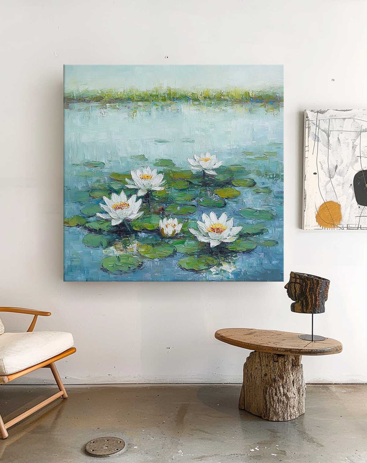 Impasto Water Lily Painting Serene Blue Green Wall Art